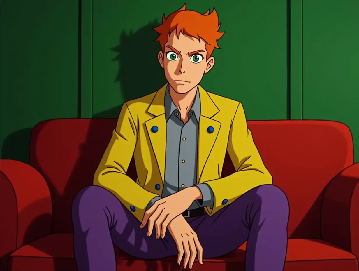 a man with orange hair, green eyes, in a yellow jacket with blue buttons, purple pants, sitting on a red couch in a room with green walls