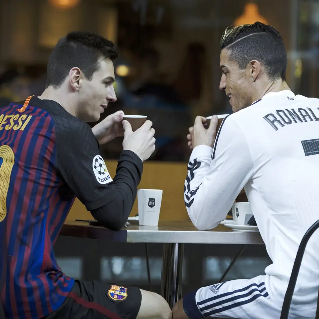 LOGO Design for Suuuuuuu Messi and Ronaldo Enjoying Coffee with Iconic Jerseys in a Coffee Shop