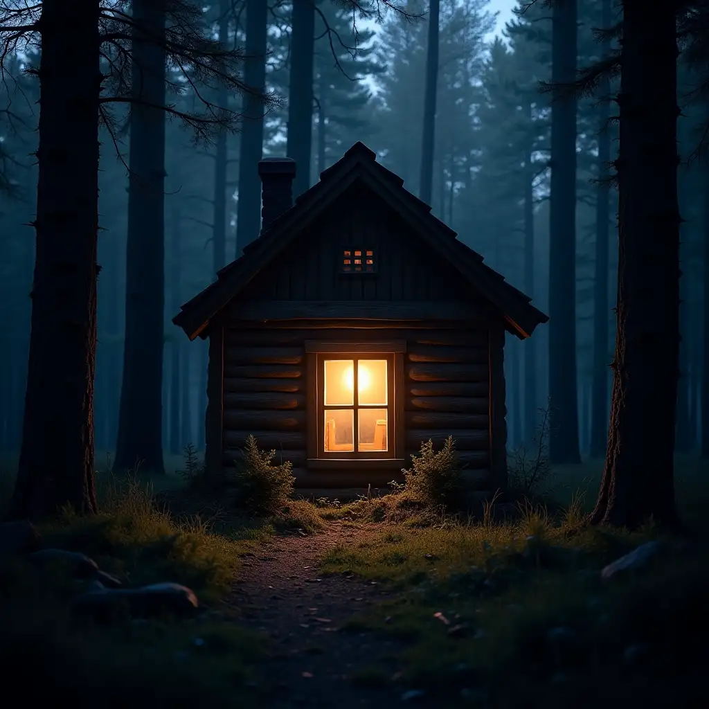 The light is on in the window of a little wooden house in the middle of the forest at night