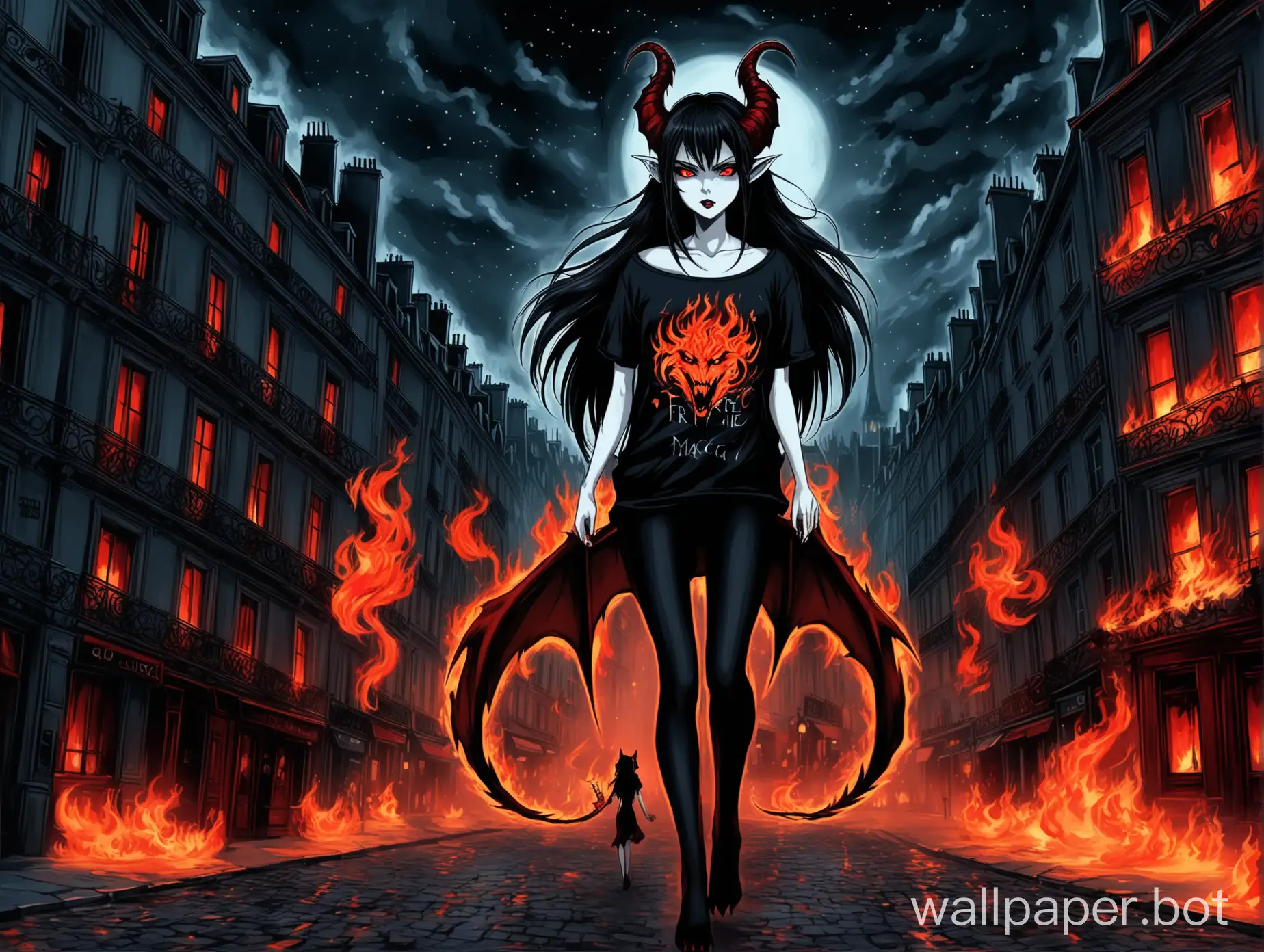 Anime The very beautiful French girl vampire werewolf with long straight dark hair with red glowing eyes with big horns on her head with a burning crown on her head goddess of fire and cold magic wearing a dark t-shirt with black leggings on her bare legs with dragon tattoos on her hands and legs walks in the night city paris