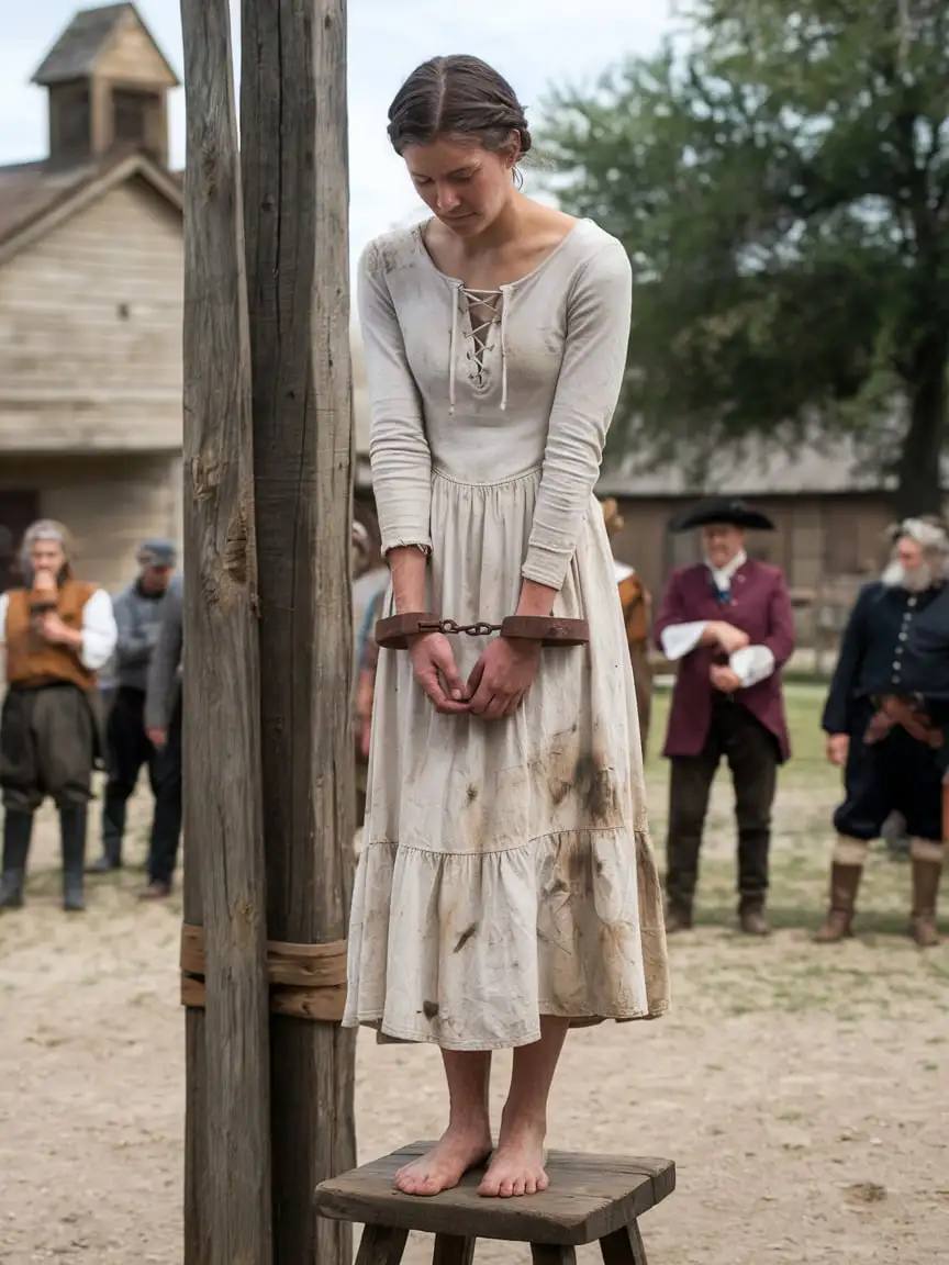 Sad Young Woman in Vintage Dress with Iron Shackles in 1700s Texas Village