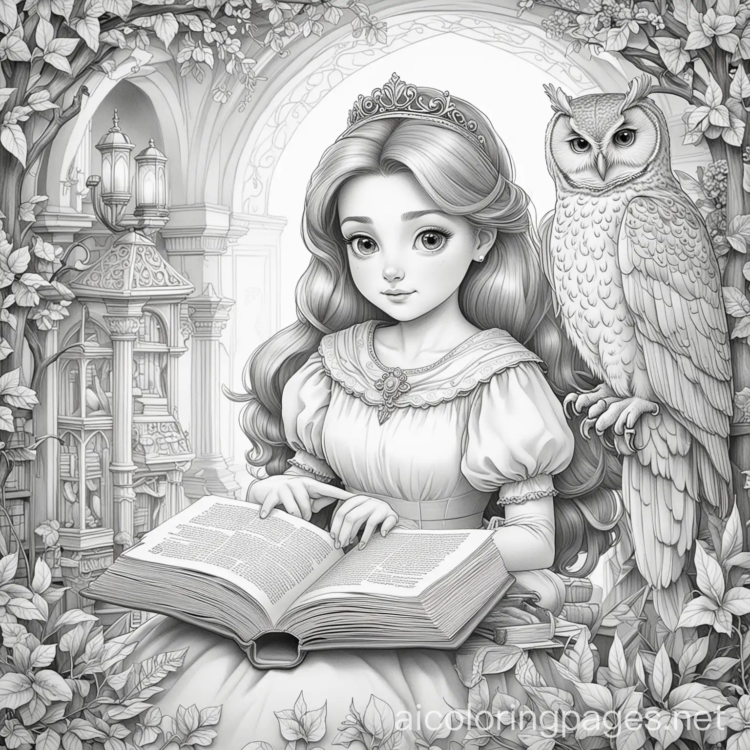 Princess-Reading-with-Pet-Owl-in-Royal-Library