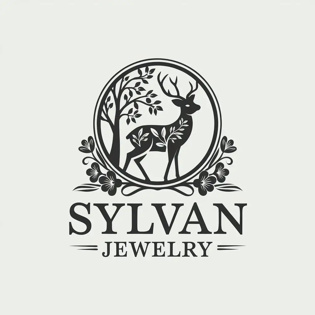 LOGO Design for Sylvan Jewelry Deer with Trees and Flowers on a Clear Background