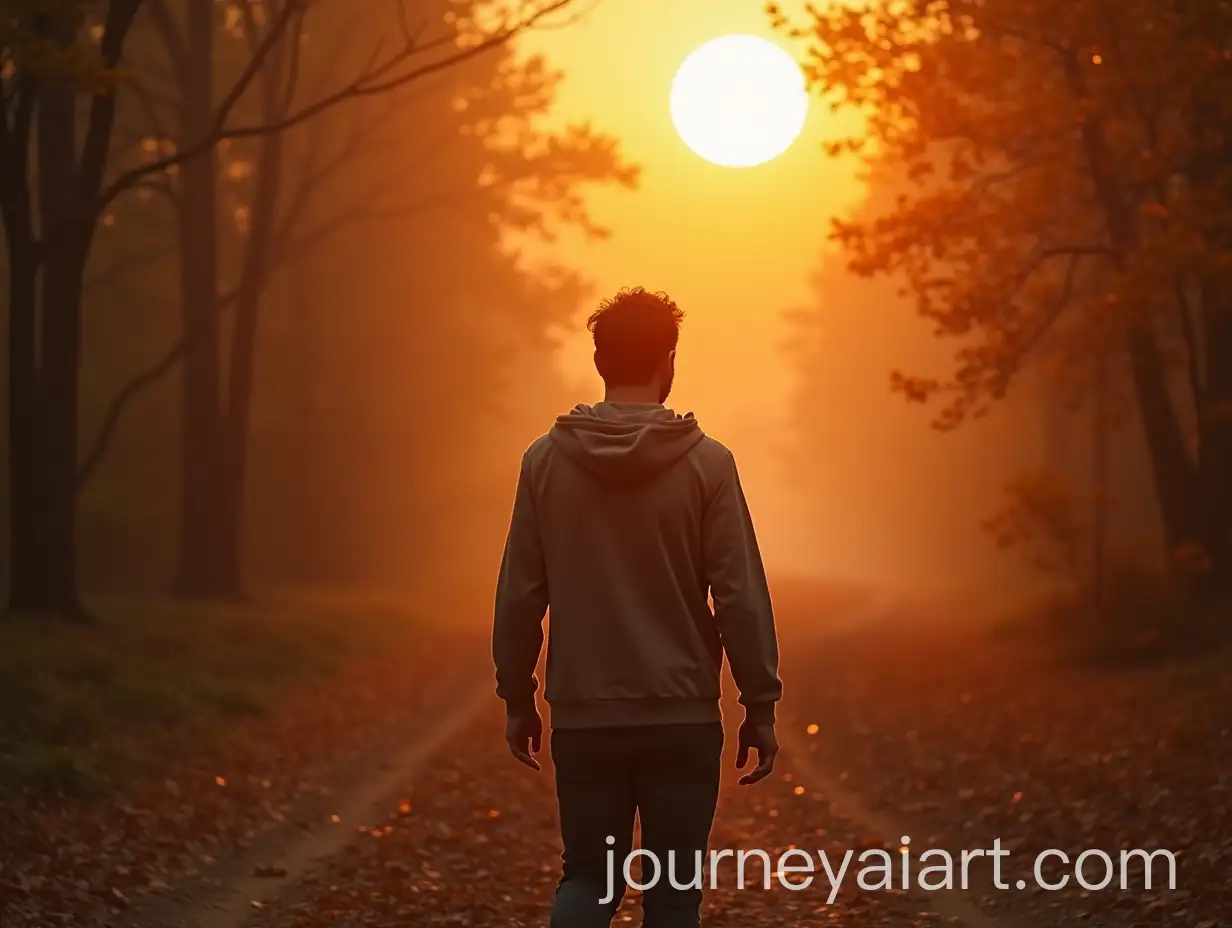 Solitary-Man-Walking-in-Autumn-Forest-with-Sunlit-Background