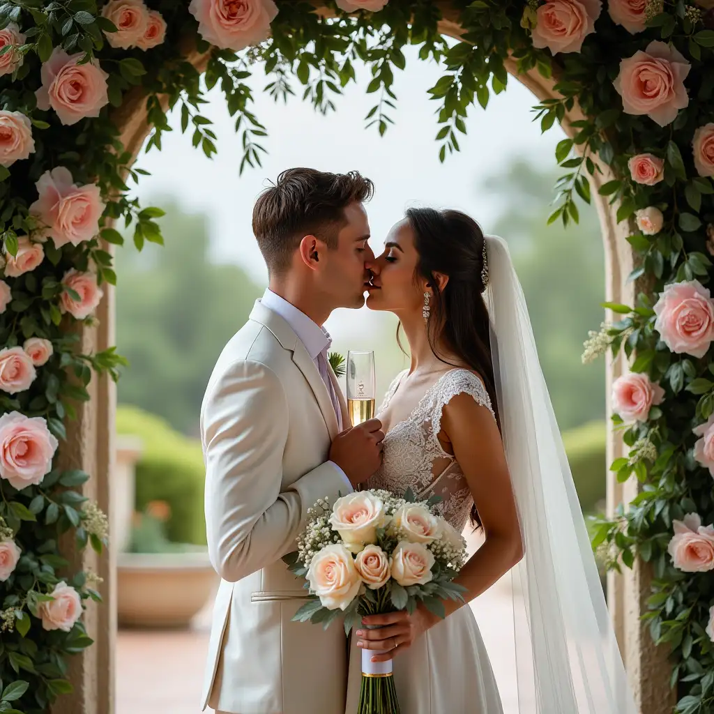 A young newlywed couple, a man and a woman, kissed under the flower door at the wedding venue, both holding champagne, and the wife holding a bouquet of flowers,