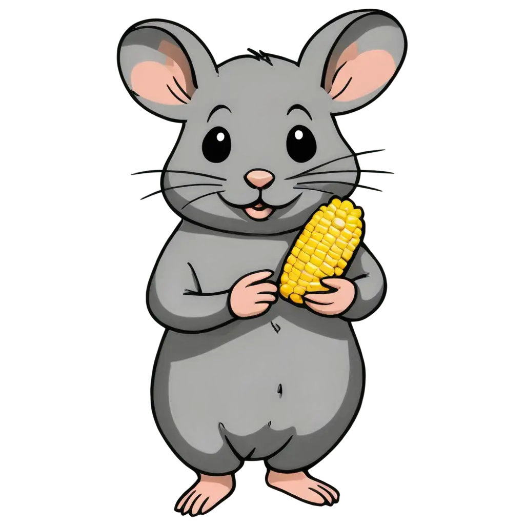 cute little fat mouse, holding 1 piece of corn grain, PNG sketch lineart graffiti in colour.