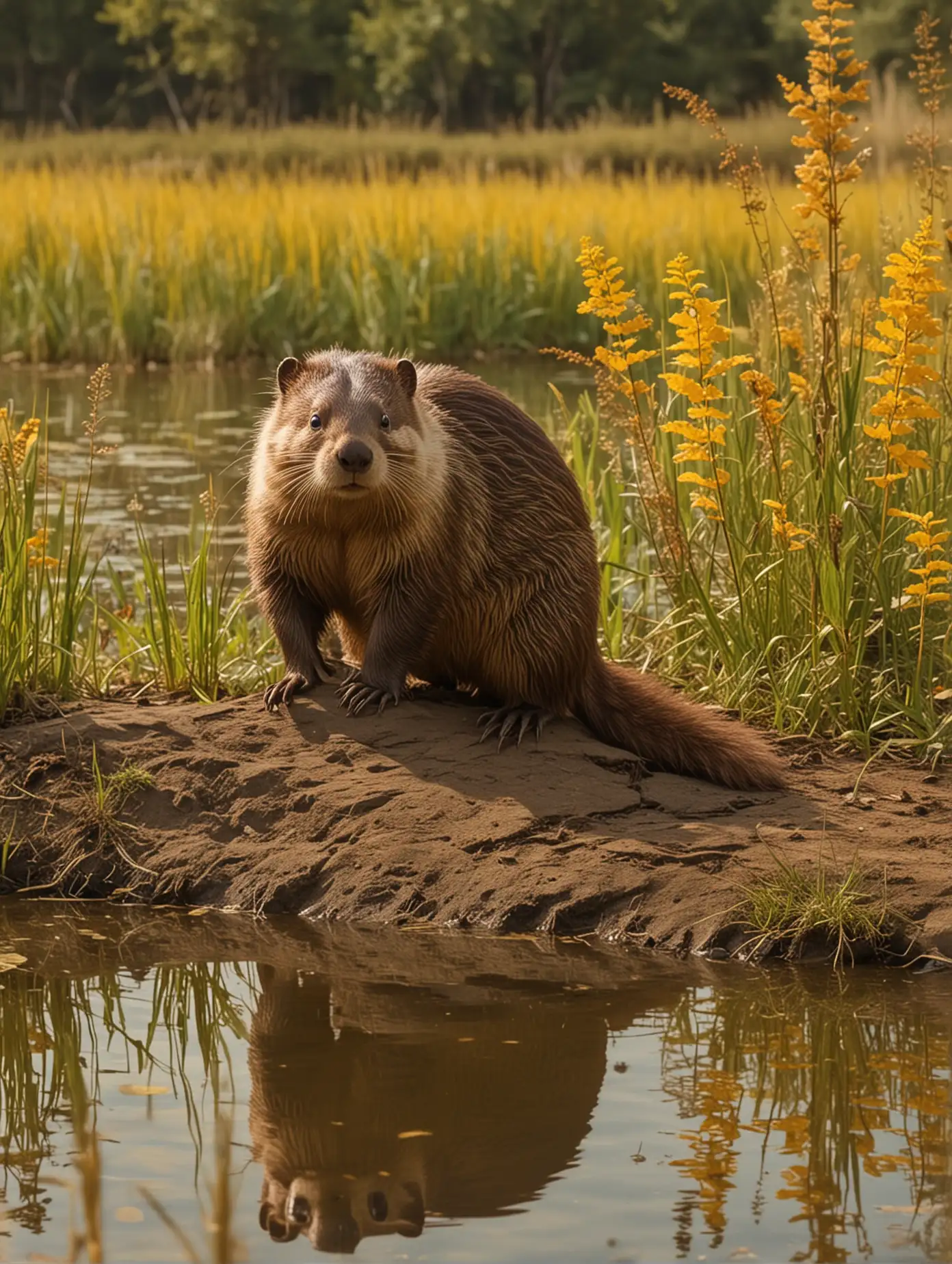 Fantasy Movie Still RingTailed Brown Stripe Tail Beaver Near Pond in Field