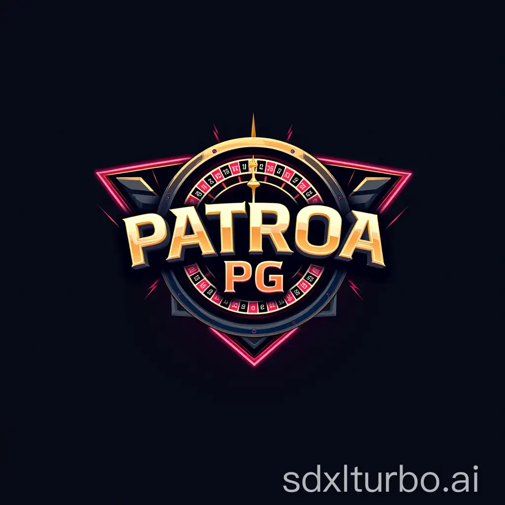 Create a sleek, modern 3D logo for 'PATROA PG' with a youthful i-gaming style, similar to professional e-sports teams like 'FLUXO.' Integrate a subtle roulette wheel element as a background or frame to highlight a casino touch, but keep the main focus on a dynamic, edgy design. Use bold colors like black, metallic gold, and accents of neon (blue or pink) for a vibrant and energetic feel. The logo should feel powerful, stylish, and minimalistic, reflecting a professional gaming identity that appeals to a younger audience. --v 5 --ar 1:1 --style 4a