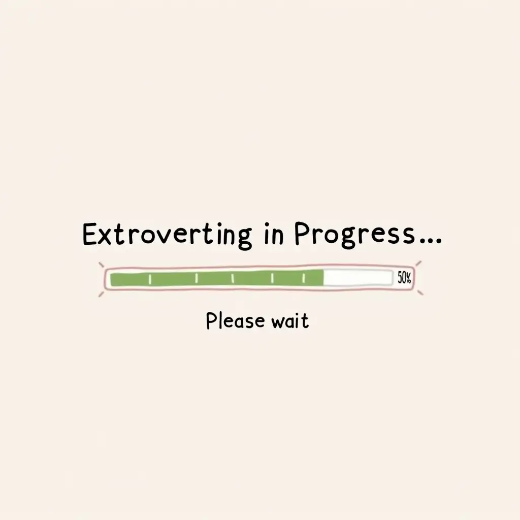 Text reading 'Extroverting in Progress... Please Wait' styled like a digital loading bar, with a progress bar stuck at 30%. Use soft pastel colors or calming tones for a lighthearted and whimsical aesthetic.