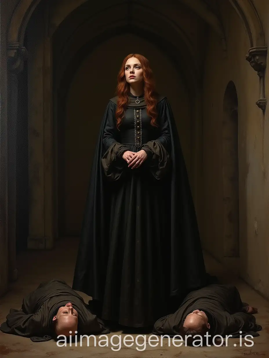 Oil painting, dark. Hermione Granger in medieval clothing, as an evil witch. She is standing in an abbey. There are two corpses of monks at her feet.