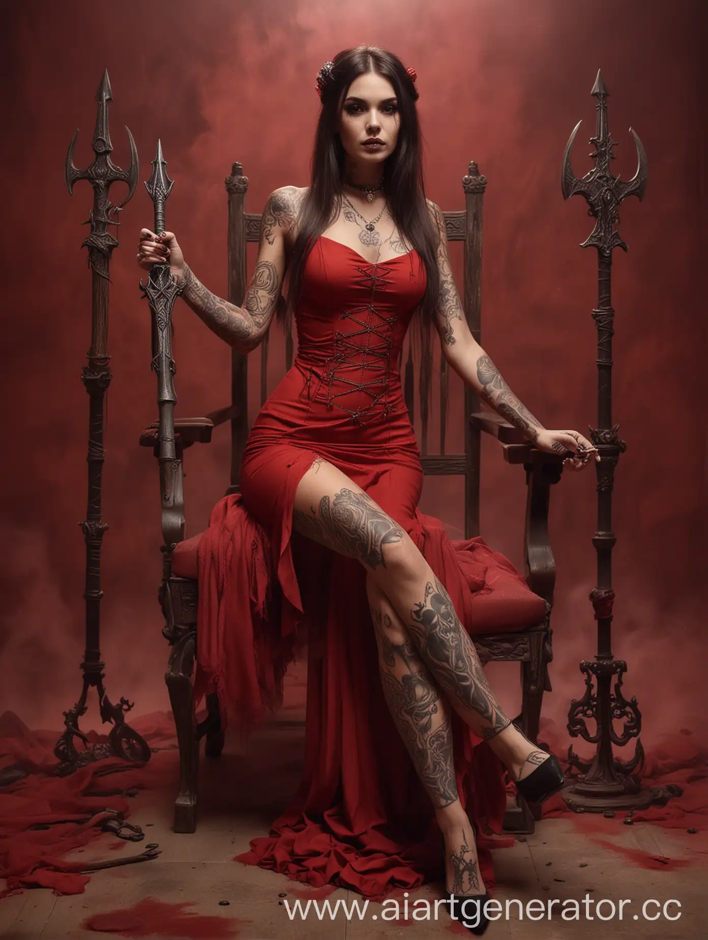 beautiful inked girl sitting on the chair with a trident, spreaded arms, tempting, pretty face, long hair, tattoos,a mystical smile, a look from the underbelly, red dress, high heels, hyperrealistic, gothic style , red smoke around, red fog on the background, sculls on the floor, fantasy, hyperrealistic