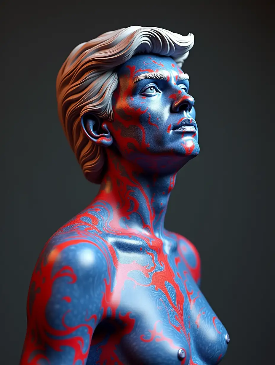 black and white photo of a person with body painted Red blue with swirls and waves, marble, psychedelic art, Trump marble statue