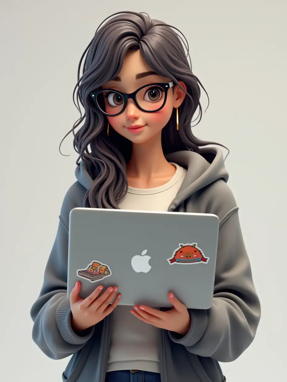 user_prompt: Realistic 3D rendering of a Front-End developer, a young girl with a relaxed modern look. She has long, slightly messy hair, wears glasses and is dressed in a hoodie and a t-shirt with a print under it. Her face expression is concentrated and relaxed, as if she is coding. In her hands she holds a laptop with stickers reflecting her creative role in creating user interfaces. No background, attention focused exclusively on the character.