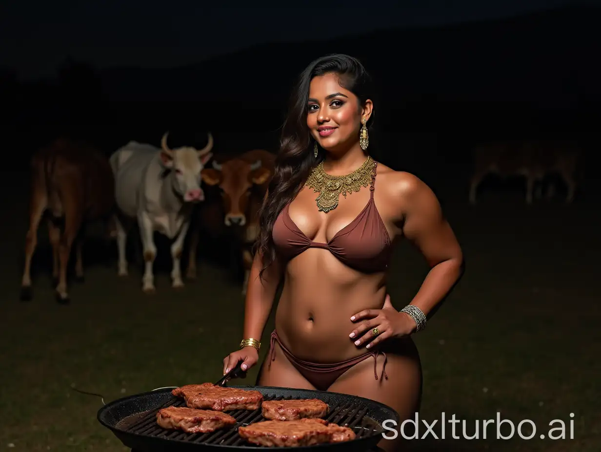 Indian-Woman-in-Bikini-Cooking-Steak-at-Night-with-Grazing-Cows-Background