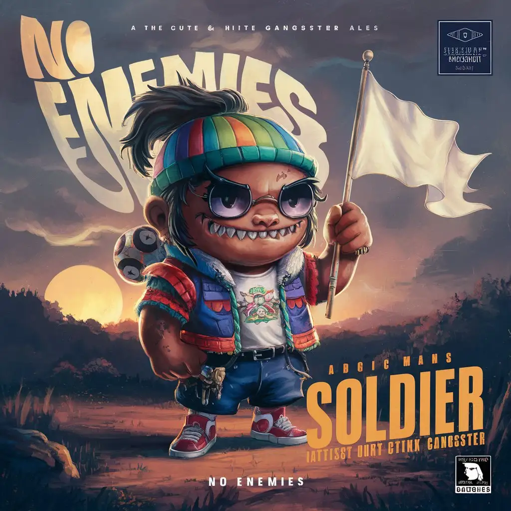 album cover art , cute warrior gangster with a white flag , peaceful scene . song name (no enemies) artist name (SOLDIER)  