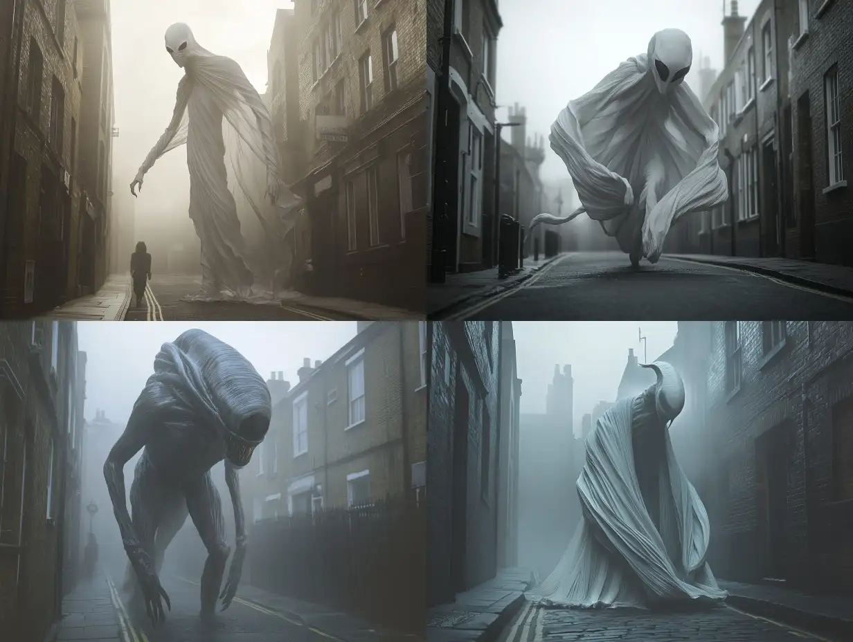 Alien-3D-Creature-Walking-Through-Foggy-London-Back-Streets
