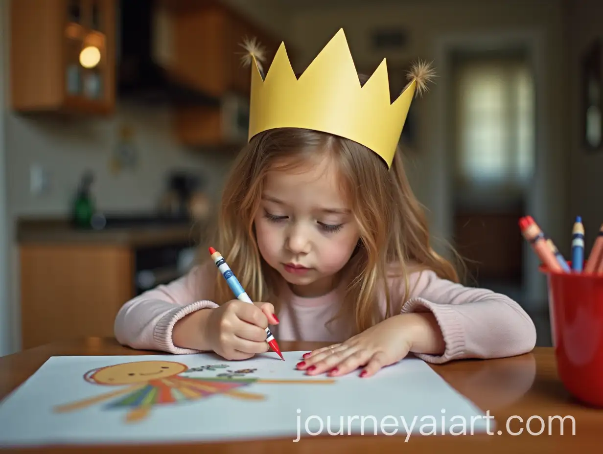 6YearOld-Girl-Drawing-a-Doll-with-Crayons-Wearing-a-Paper-Crown-at-Kitchen-Table