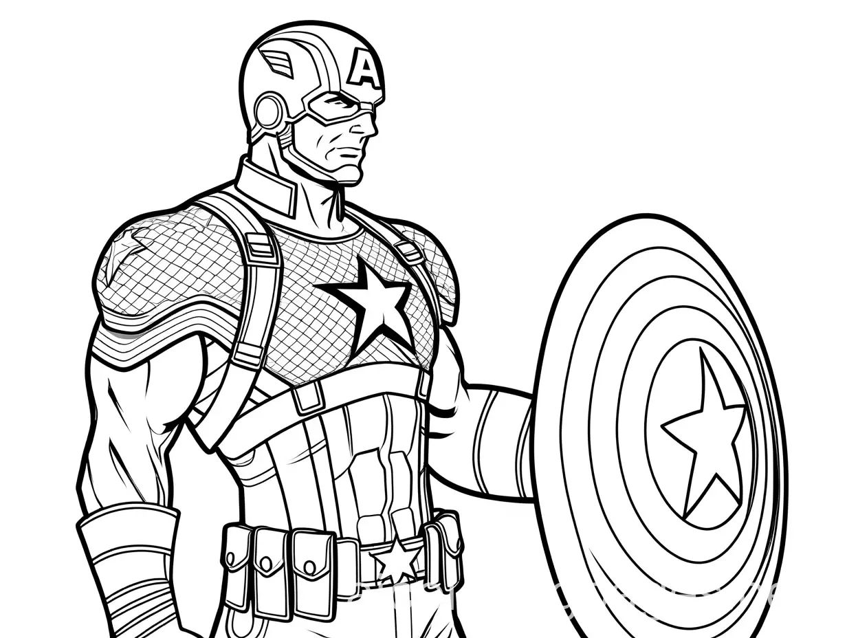 Captain america, Coloring Page, black and white, line art, white background, Simplicity, Ample White Space. The background of the coloring page is plain white to make it easy for young children to color within the lines. The outlines of all the subjects are easy to distinguish, making it simple for kids to color without too much difficulty