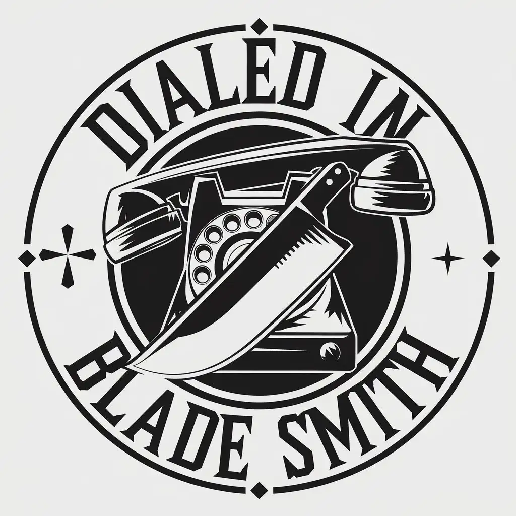 LOGO Design for Dialed In Blade Smith Vector Logo with Rotary Phone Knife and Christian Cross Integration