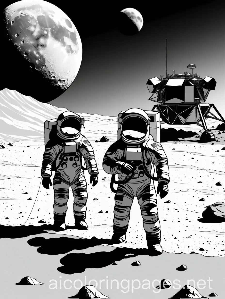 Children-Astronauts-Exploring-the-Moon-in-a-Detailed-Black-and-White-Scene