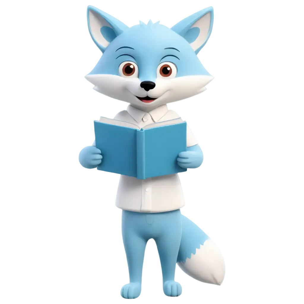 Light-Blue-and-White-Fox-Holding-a-Book-Cartoon-PNG-Image-Whimsical-Illustration-for-Educational-and-Storytelling-Purposes