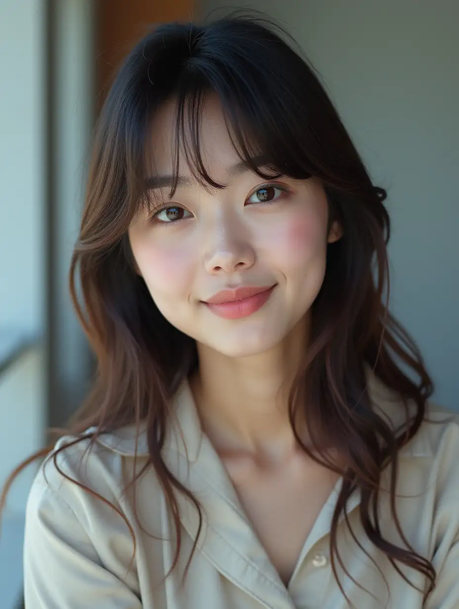 Smiling-Japanese-Woman-with-Bangs-in-Casual-Clothes-Instagram-Style-Portrait