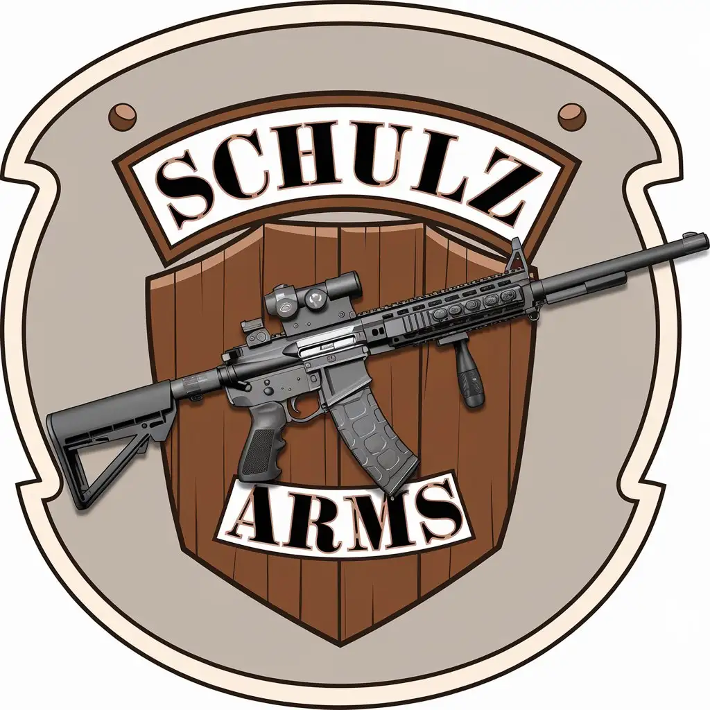 LOGO-Design-for-Schulz-Arms-Firearm-on-Wooden-Shield-with-a-Clear-and-Moderate-Background