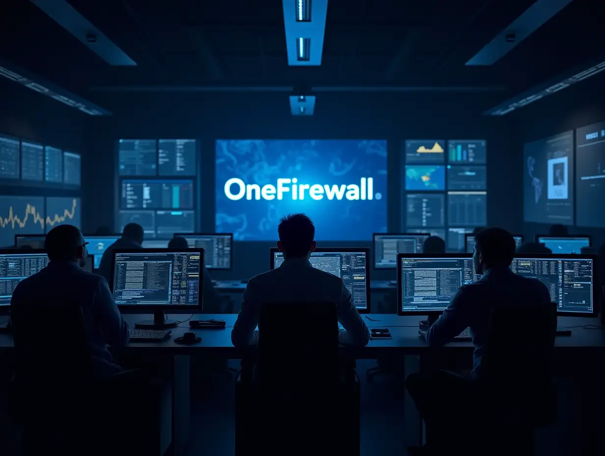 A security operations center, many screens, desks with analysts, the word 'OneFirewall' in color blue is on the main screen