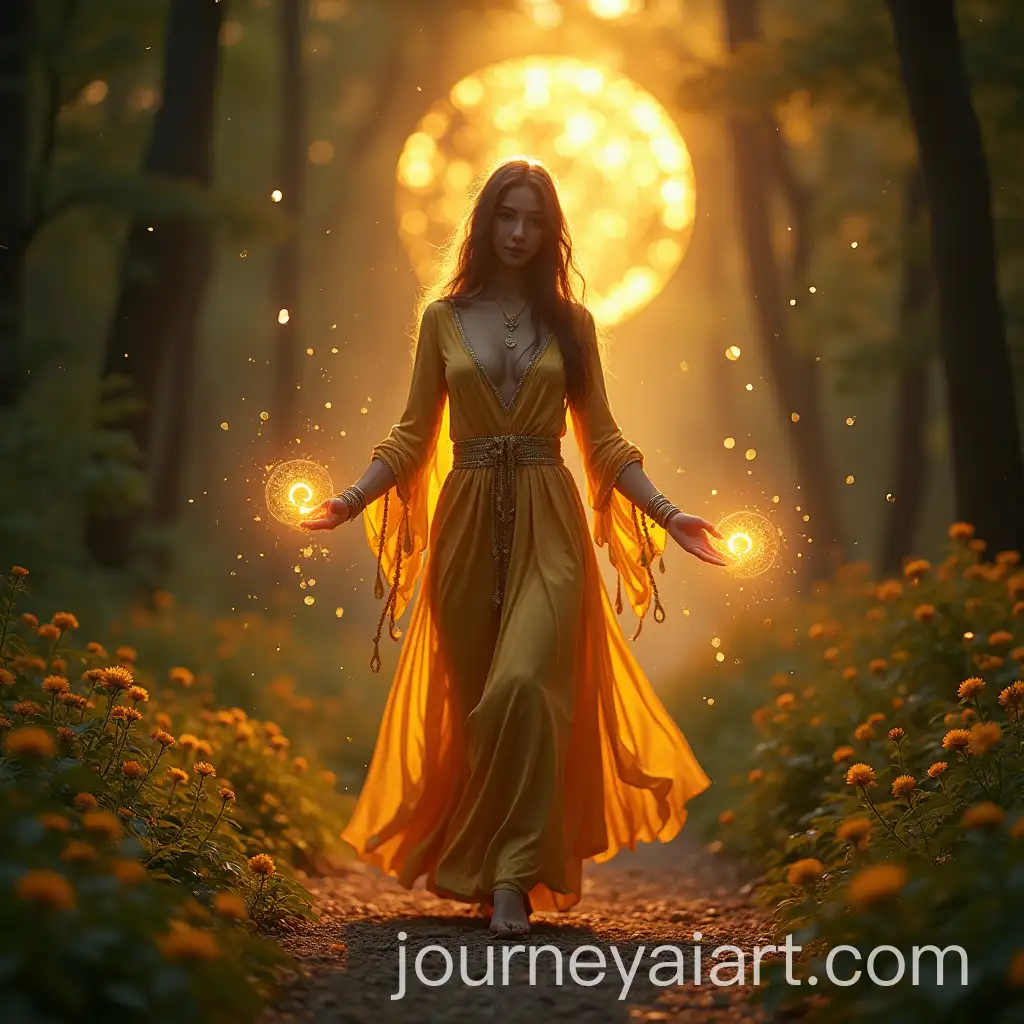 Crypto-Goddess-Walking-in-a-Garden-Surrounded-by-Glowing-Cryptocurrency-Symbols