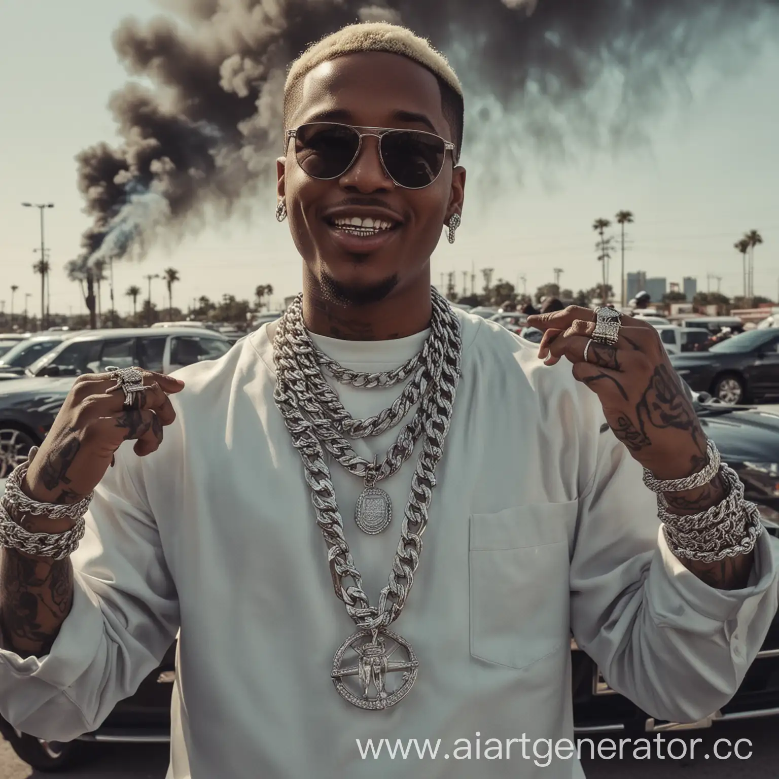 The rapper is wearing a unique gray outfit, a bunch of chains on him, Smoking a cigar. A lot of smoke. There are a lot of expensive cars behind the rapper, the rapper has diamond-covered teeth and it says "Sugar" on them, more emphasis is placed on them, the rapper himself should smile with a successful slightly aggressive smile. The view is slightly from above. The white-skinned rapper