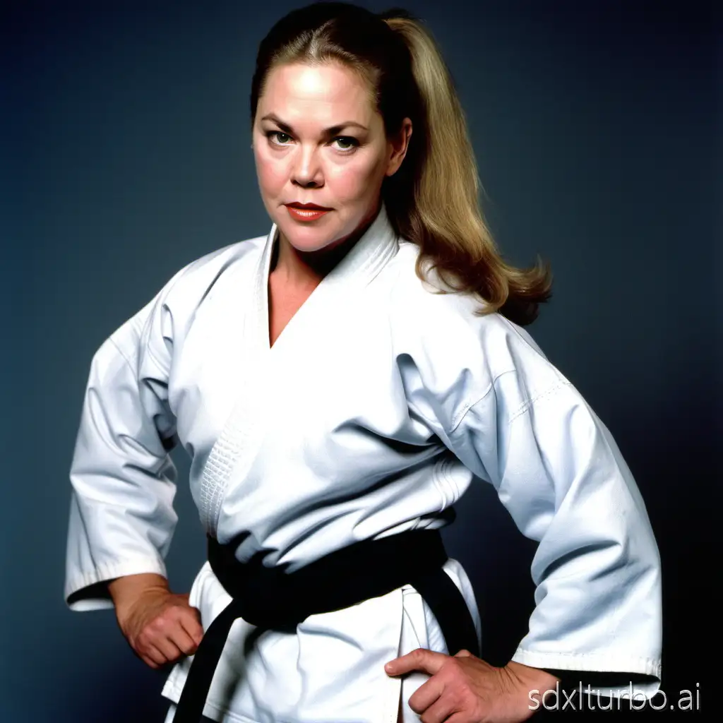 Actress Kathleen Turner with ponytail hair wearing karate gi