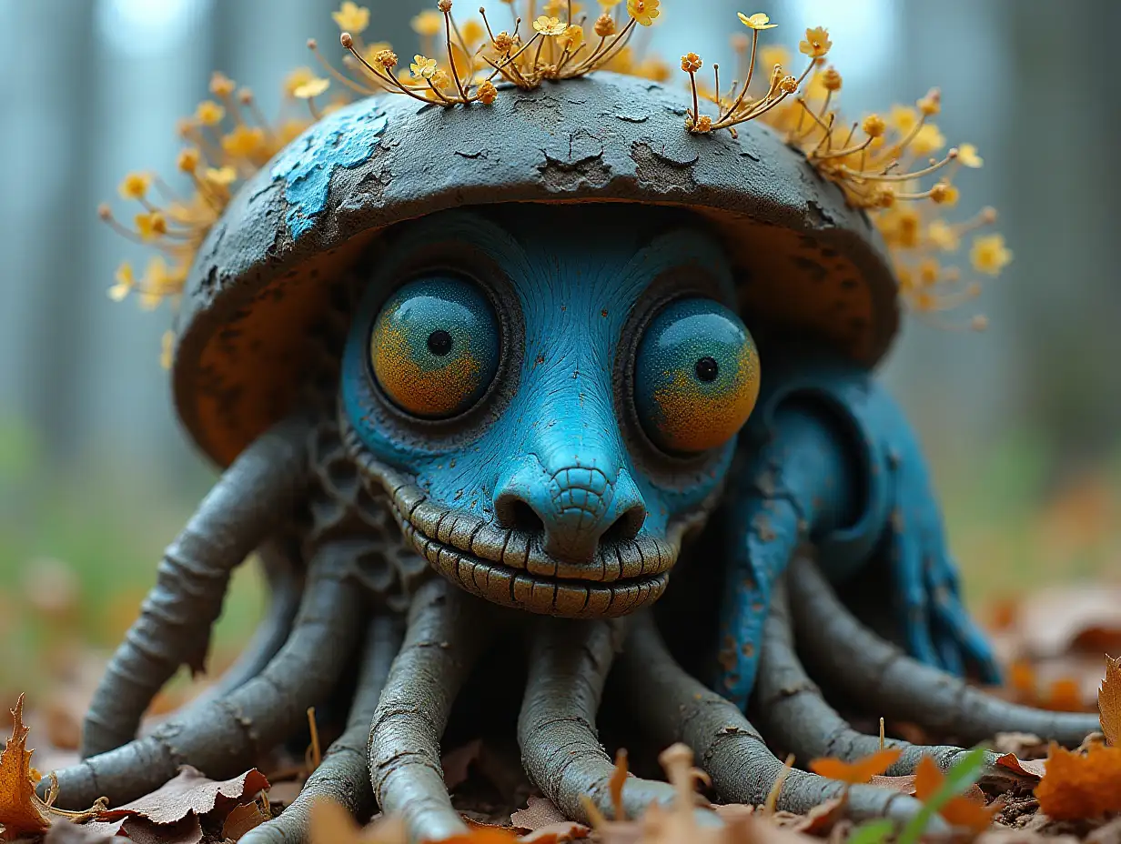 Face transformed into building with blue Fly Agaric roots