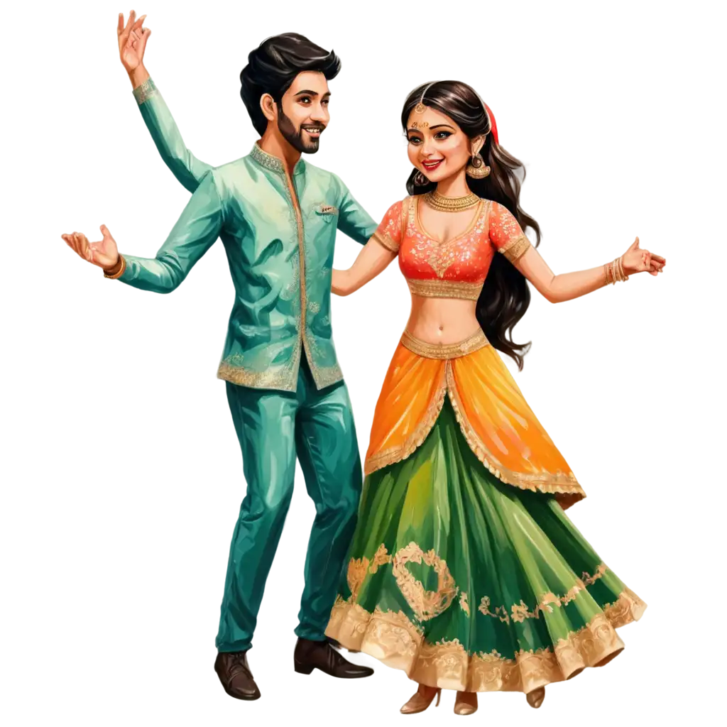 Indian-Wedding-Sangeet-Couple-Outfit-In-Twirling-Pose-PNG-Image