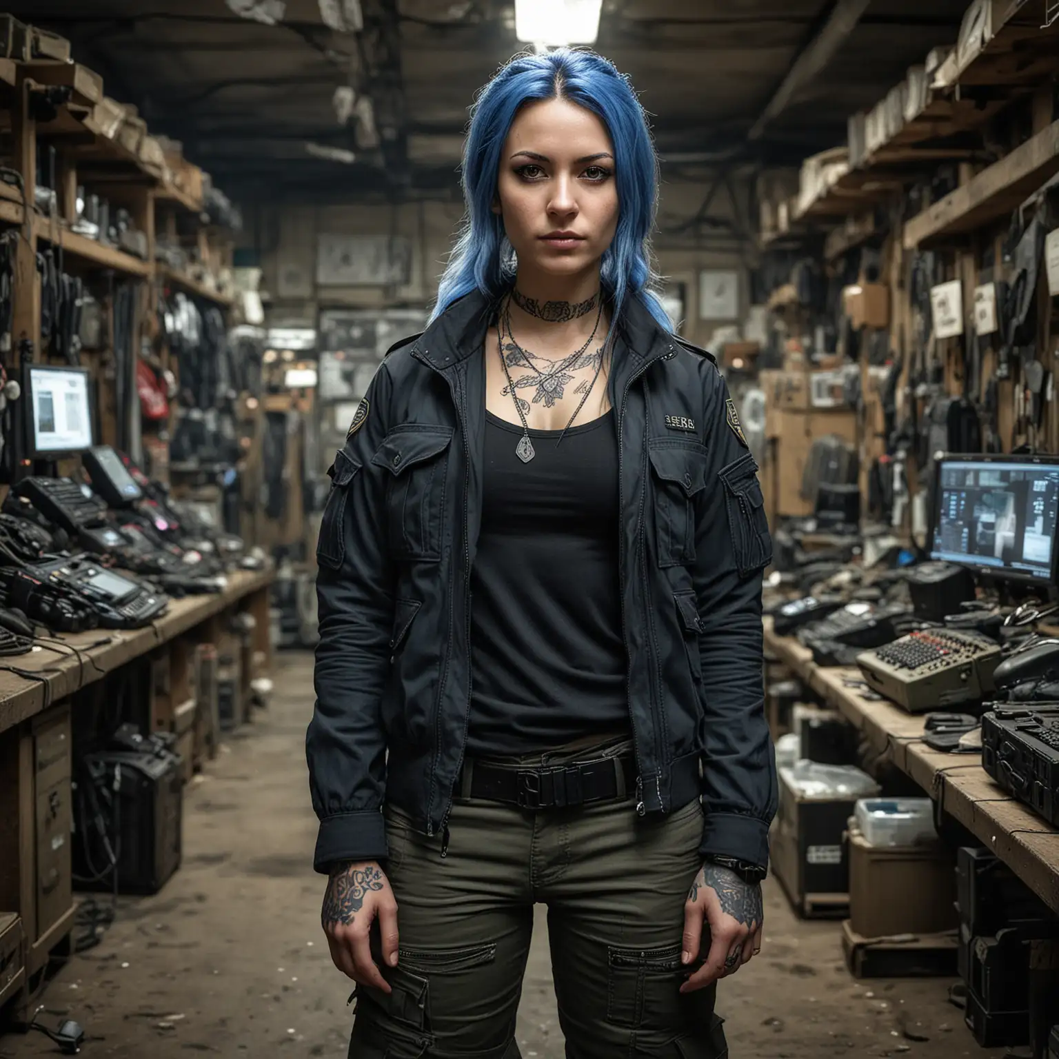 Urban Electronics Trader with Blue Hair and Tactical Gear