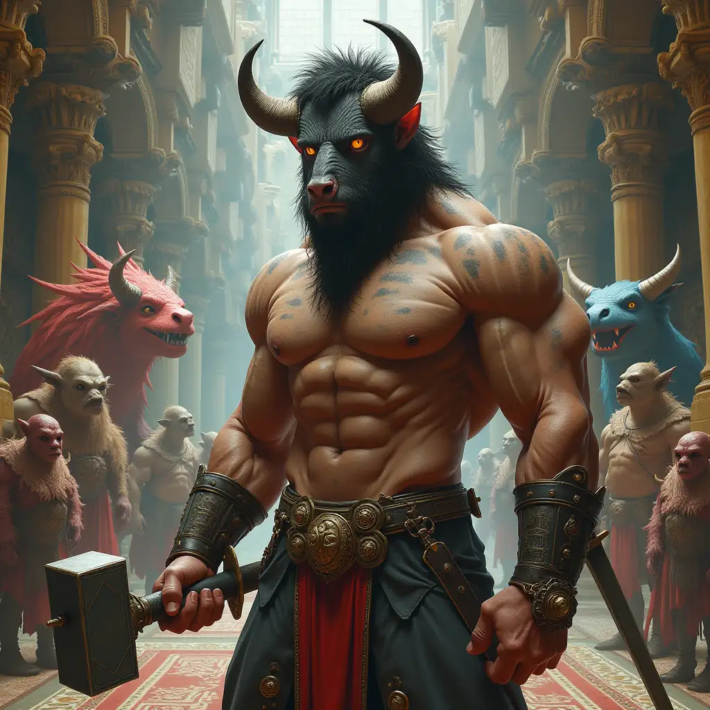 ultradetailed hyperrealistic portrait of a bodybuilder with a bison head, reddish-gray spotted skin color with a sword and a hammer in a palace with various intricately detailed, colorful ... strange beings.