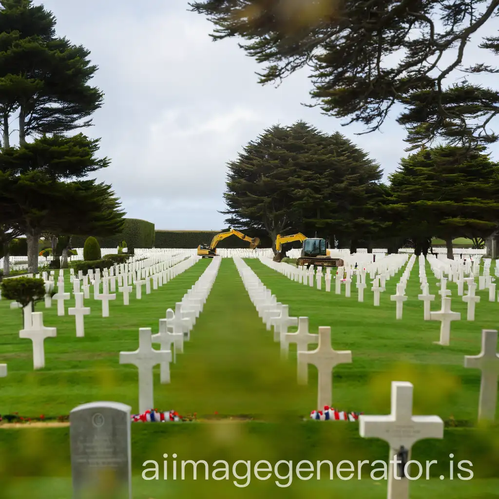 A mechanical shovel excavator is unearthing graves of American soldiers from the cemetery of Colleville-sur-Mer with the memorial in the background