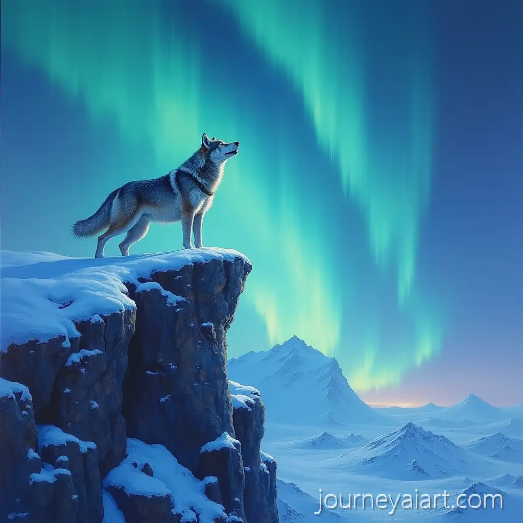 Lone-Wolf-Howling-on-Snowy-Cliff-Under-Aurora-Borealis-in-Oil-Painting
