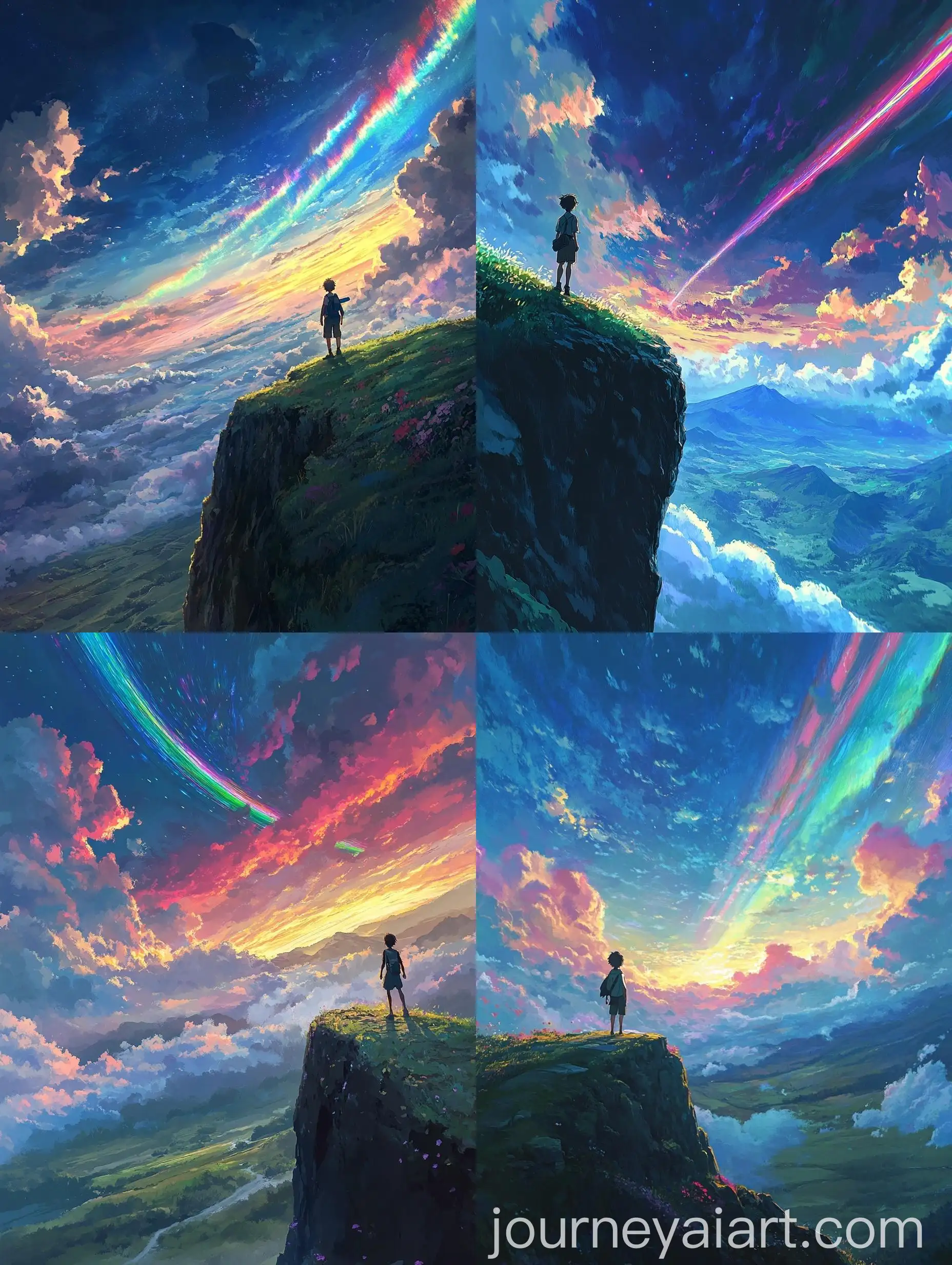 Solitary-Traveler-on-Cliff-Overlooking-Green-Valley-and-Colorful-Sky