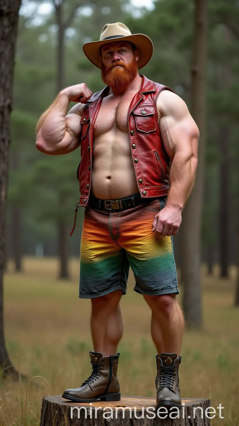 Strong Bodybuilder Daddy in Rainbow Leather Shorts Flexing