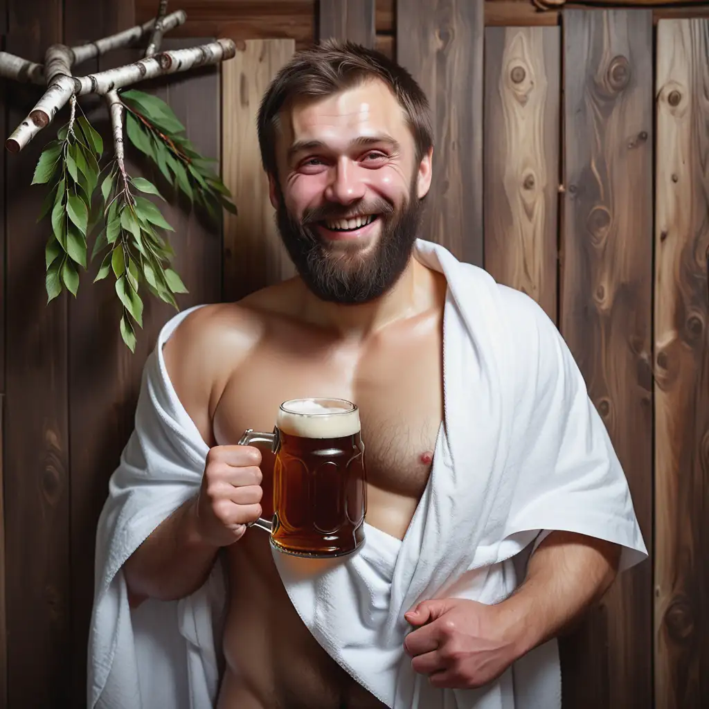 Smiling-Bearded-Man-in-Bathhouse-with-Beer-Mug-and-Birch-Branches