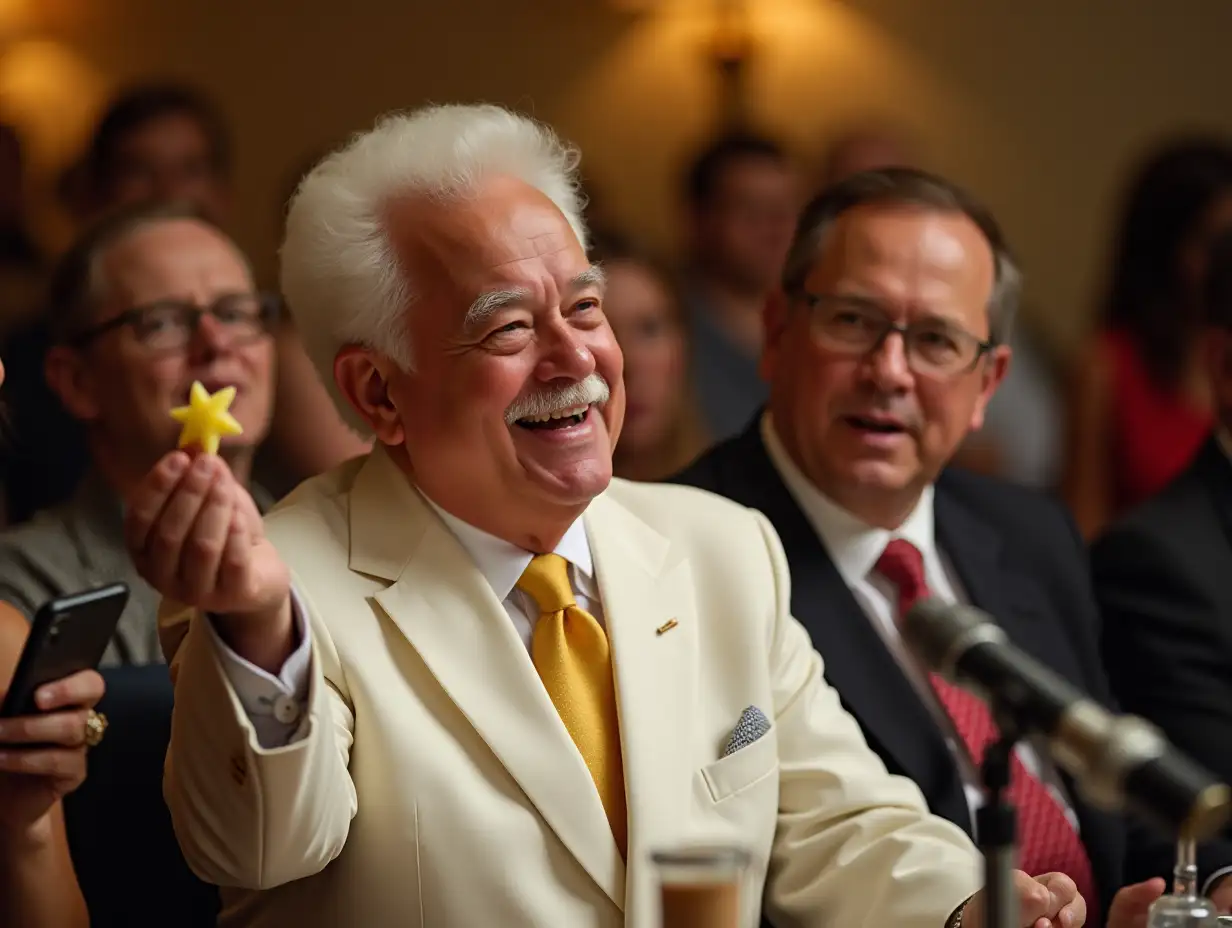 The room buzzes with energy. Reporters scramble for seats, cameras flash, and influencers livestream on their phones. At the head of a long press table sits COLONEL SANDERS, calm and composed in his crisp white suit. His trademark smile hints at mischief. The murmur of the crowd hushes as the Colonel stands and holds up a flat, uninspiring star-shaped nugget.