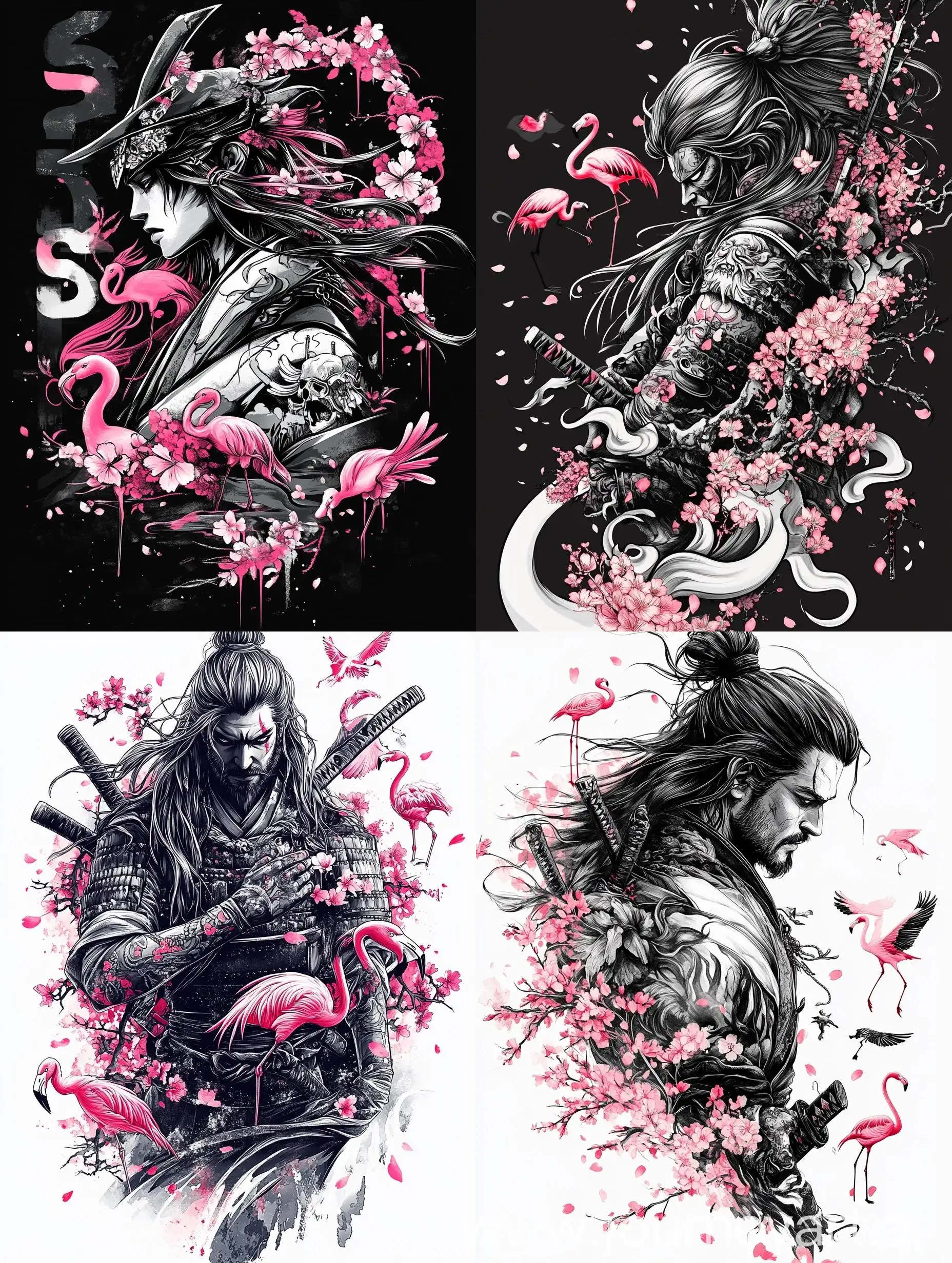 Colorful-Samurai-with-Cherry-Blossoms-and-Flamingos