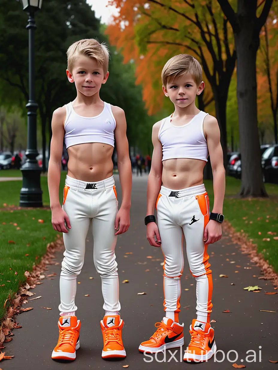 two cute athletic eight-year old Nordic boys wearing skintight NIKE very low-rise PVC pants and NIKE Air Jordan blsck orange white high top sneakers, proudly shows off defined chest and V-line abs in park, best friends