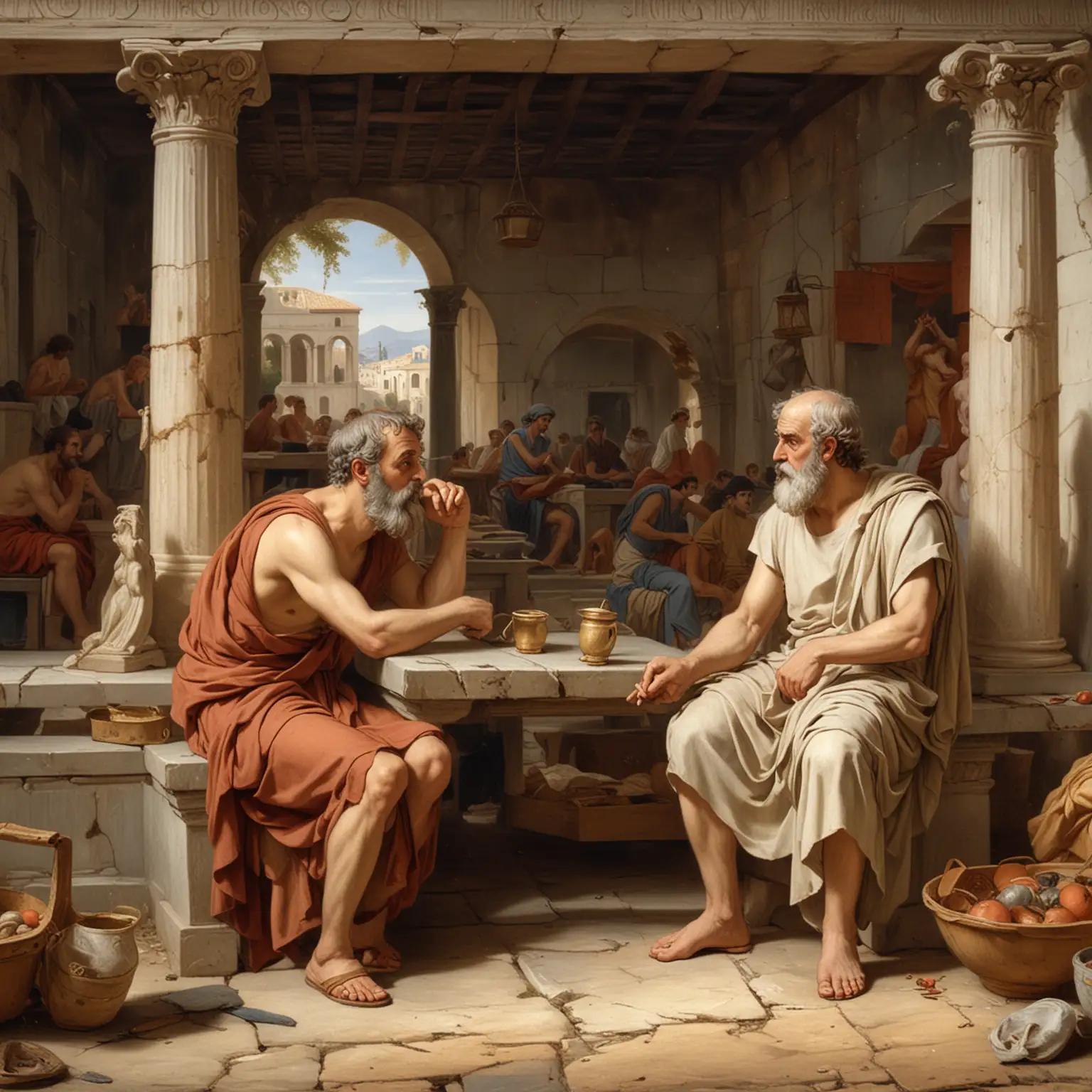 Plato and Aristotle discussing philosophy in the ancient Greek market place