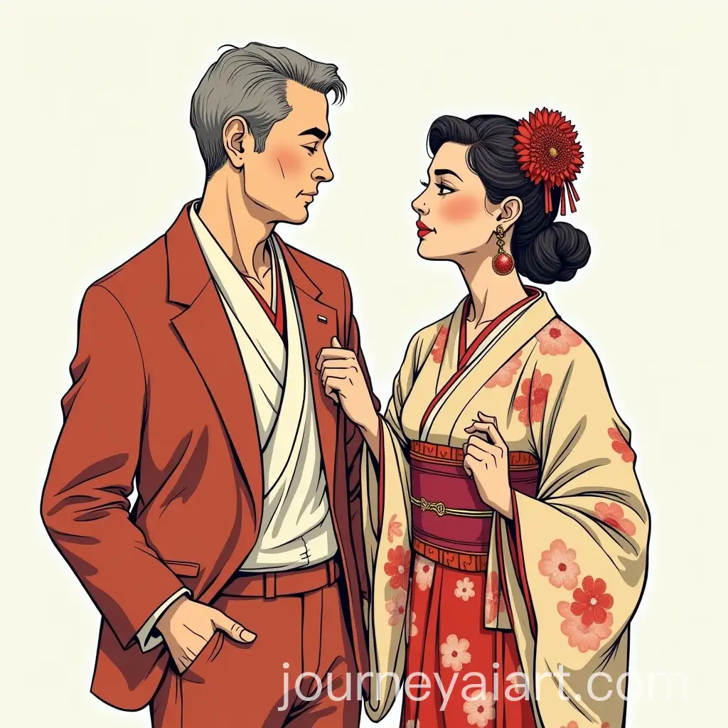 Manga-Style-Portrait-of-a-50YearOld-Man-and-His-Wife-Dressed-in-Traditional-Japanese-Clothing