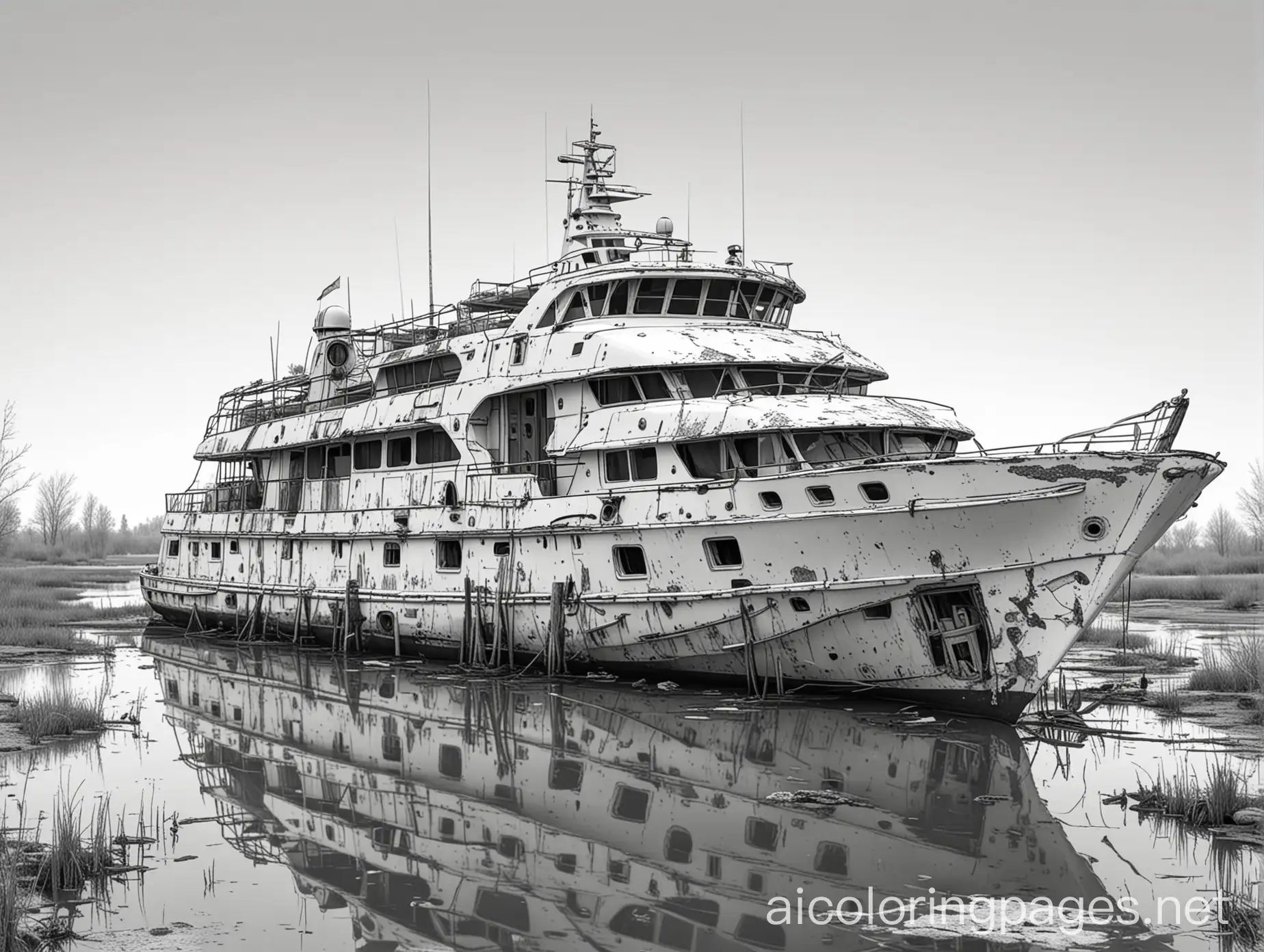 Post-Apocalyptic-Abandoned-Yacht-Coloring-Page