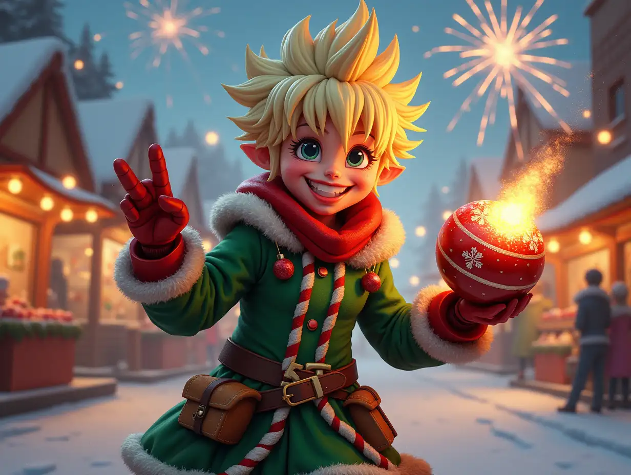 A lively, explosive Christmas character with wild ash-blonde hair styled in sharp spikes, wearing a green and red holiday-themed combat outfit adorned with ornaments and lights. They're holding a large firecracker-like ornament in one hand, with a mischievous smirk, as fireworks light up the snowy sky. The background features a bustling holiday market full of laughter and lights.