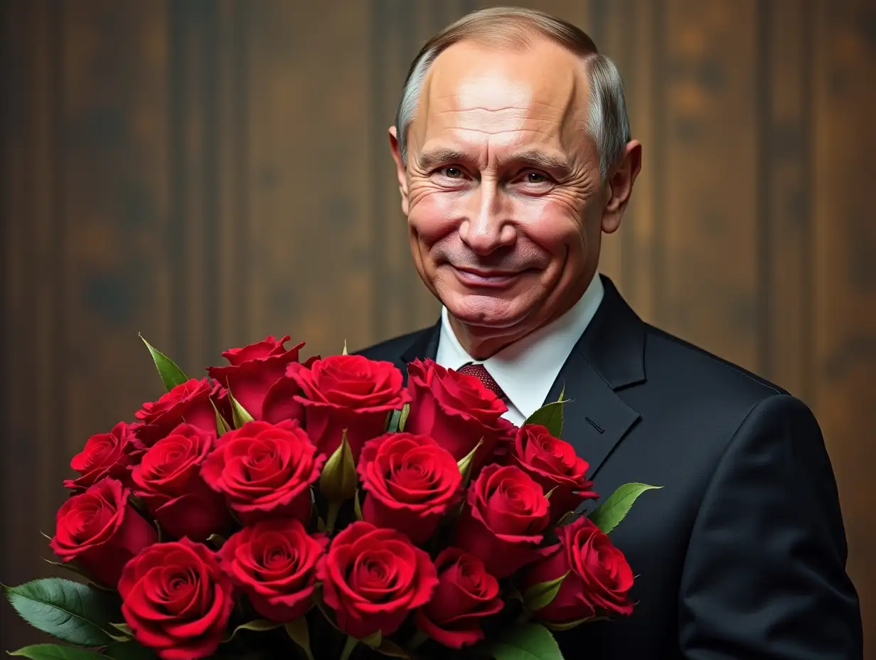 smiling Vladimir Vladimirovich Putin with a large bouquet of roses. Beautiful background. Realism