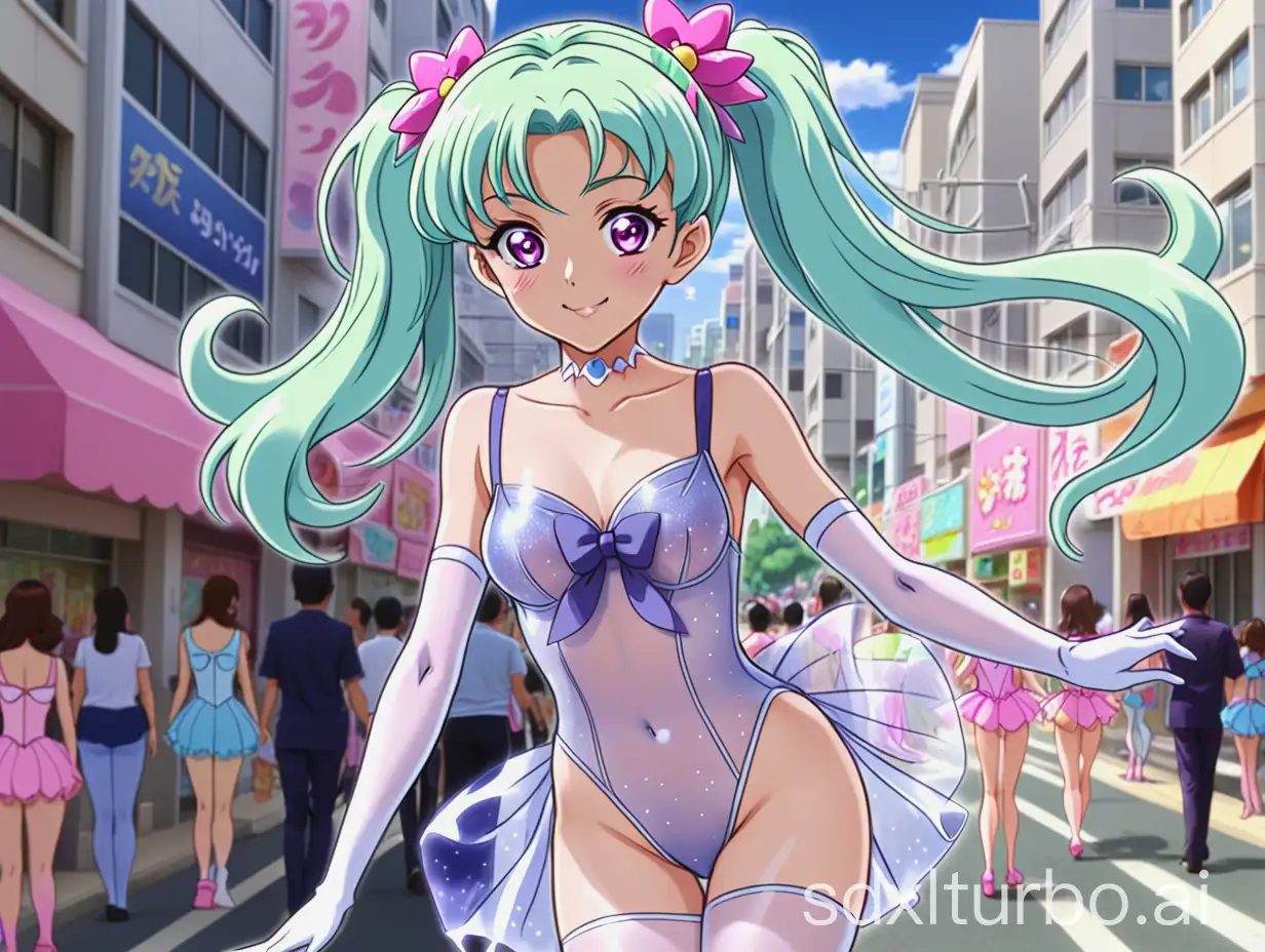 Cure-Lillian-from-Wonderful-Precure-in-a-Sheer-Leotard-on-a-Busy-Street