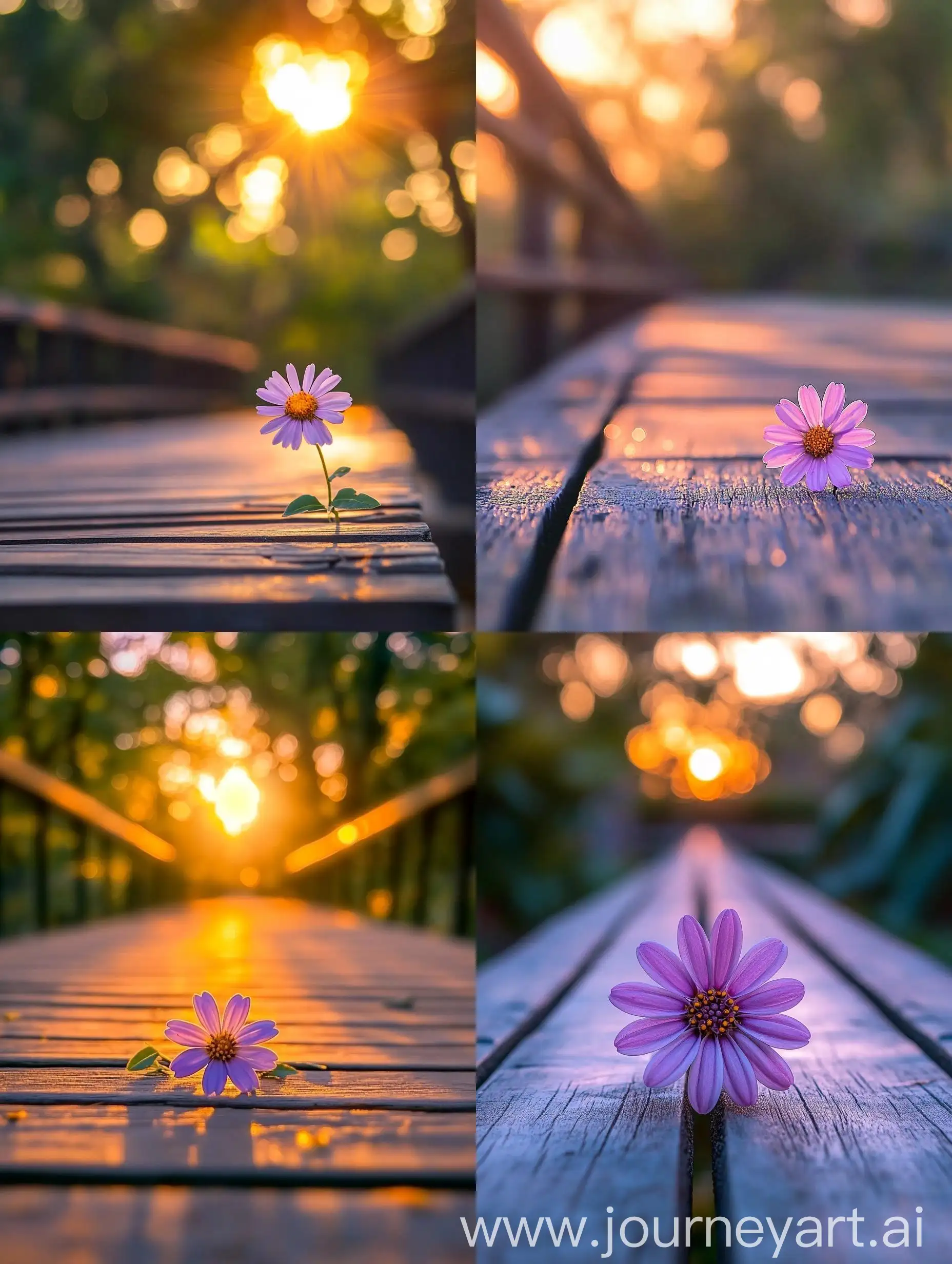 Purple-Daisy-on-Wooden-Bridge-at-Sunset-Park